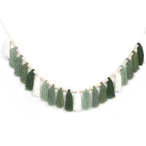Green Boho Yarn Tassel Garland Sage Green Garland Wall Hanging Decor Forest Woodland Tassel Banner with Beads for Nursery Classroom Office Birthday Party Kids Room Baby Shower Decoration