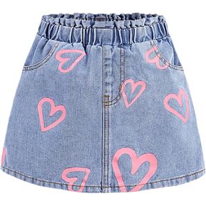 Girl's Cute Heart Print Denim Skirt Y2k Elastic High Waisted A Line Jean Skirts
