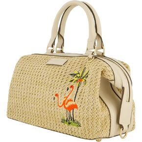 Tommy Bahama Satchel Bag, Women's Crossbody Purse with Adjustable Shoulder Strap, Embroidered Flamingo and Palm Tree Design, Cream, One Size