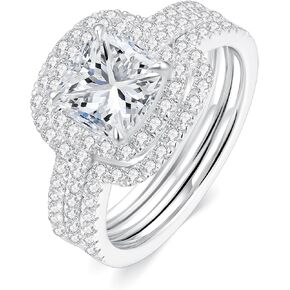 2.5CT Moissanite Wedding Ring Set for Women D Color VVS1 Cushion Cut Bridal Set Wedding Bands S925 Sterling Silver with 18K White Gold Plated Engagement Anniversary Rings for Her Size 4-9