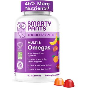 SmartyPants Toddler Multivitamin Gummies - تحسين الصيغة: أوميغا 3 (DHA/EPA) ، الفيتامينات D3 ، C ، فيتامين B12 ، B6 ، A ، K & Zinc ، البيوتين ، خالية من الغلوتين ، ثلاثة نكهات الفاكهة ، 60 عدد (إمدادات 30 يوم)