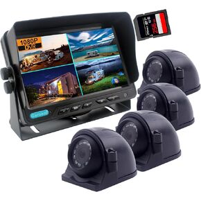 10 inch digital monitor 1080P HD Rear View Camera System with Wired, HD DVR Recorder, 4 Channel Input, Quad Split Screen, 4X 1080P Heavy Duty Waterproof Backup Side View Camera for RV Trailer
