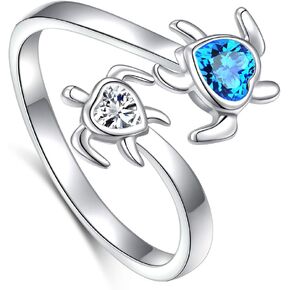 Ladytree S925 Sterling Silver Turtle Animal Open Ring Sea Turtle Heart CZ Adjustable Bypass Nature Ocean Ring