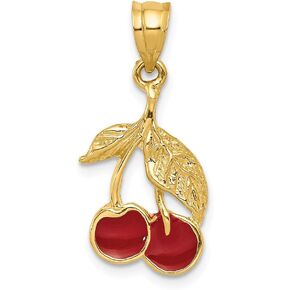 Solid 14k Yellow Gold Red Enameled Cherries Pendant Charm - 26mm x 12mm