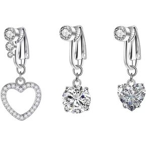 3Pcs Heart Round Fake Belly Button Rings Clear CZ Stainless Steel Clip On Non Piercing Belly Navel Barbell Rings Fake Belly Button Piercing Jewelry