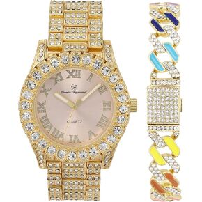 Charles Raymond Women's Baguette Cut Rainbow Iced Out Watch combs of you choices With Bling'ed Out Tennis Bracelet or Necklace with Matching Diamond Crystal Set - Rainbow - 23