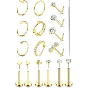 BESTEEL 14K Gold Filled Nose Rings Studs for Women Men - 316L Surgical Steel Threadless Push in Flat Back Earrings - Hypoallergenic Nose Rings Hoops Cartilage Helix Tragus Nostril Piercing Jewelry 18G 20G