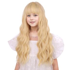 Girls Blonde Wig Child Long Golden Blonde Wig with Bangs Wavy Curly Wigs for Kids Hallween Party Include Wigs Cap