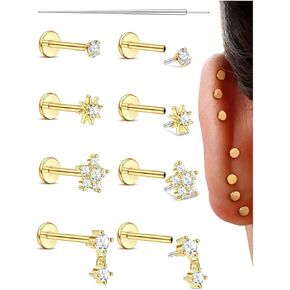 Sanfenly Threadless Flat Back Earrings Studs 316L Surgical Steel Push in Nose Studs Rings CZ Tragus Cartilage Helix Conch Labret Lip Nostril Medusa Piercing Jewelry Hypoallergenic 20G 18G 16G