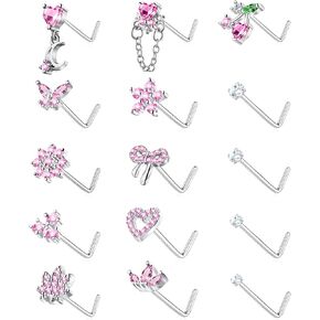 Nose Rings L Shaped for Women Nose Piercings 20G Surgical Stainless Steel Gold Nose Studs Pink Red CZ Heart Butterfly Flower Cherry Bow Moon Dangle Nose Piercing Jewelry