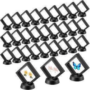 30Pcs Floating Display Case, 3D Floating Frame Display Case with Stand - Clear PE Film for Jewelry, Coins, Fossils (2.7 x 2.7 x 0.8 Inches, Black)
