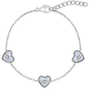 925 Sterling Silver Simulated Mother of Pearl Heart Link Bracelet For Little Girls - Children's Heart Link Bracelets - Adorable Bracelets For A Young Girls Birthday