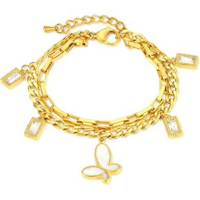 Fashion 18K Gold Plated Stainless Steel Cubic Zirconia Butterfly Charm Bracelet Stack Rectangular Link Chain Bracelet
