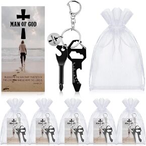 Quelay 6 Sets Man of God Fathers Day Gift for Church Christian Multitool Keychain Gifts for Men Bulk 6 in 1 Screwdriver Keychain with Bible Verse Card and Bags for Church Man Party Favors