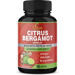 Organic Cadane Citrus Bergamot Supplement Extract Capsules, 90 Capsules & Berberine, Olive, Guggul, Garlic, Pine Bark, Black Pepper | Supports Overall Health, Immune System | 3 Months Supply