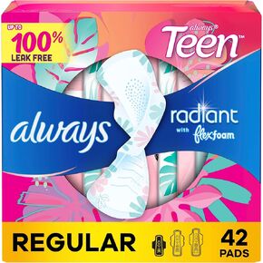 فوط صحية للمراهقات من Always Radiant مع رغوة مرنة، مقاس 1، عادي، مع أجنحة، غير معطرة، 42 قيراط