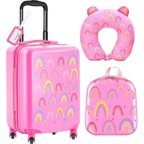 Sanwuta 4 Pcs Rainbow Luggage Set Includes 20 Inch Rolling Suitcase with Wheels Pink Backpack Travel U-shape Pillow