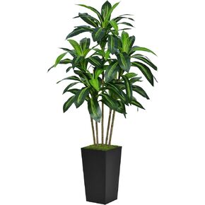 Artificial Dracaena Tree 5FT - Faux Tree with White Tall Planter - Fake Tropical Yucca Floor Plant in Pot - Artificial Silk Tree for Home Office Living Room Decor Indoor