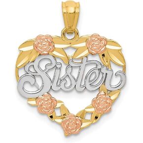 Solid 14k Yellow and White Gold Two Tone and Sister Heart Pendant Charm - 23mm x 18mm