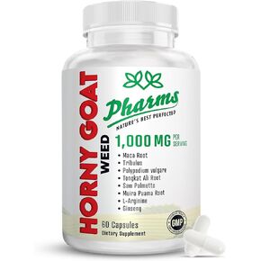PHARMS Hornygoatweed for Men & Women (1,000 mg) - Energy & Stamina Capsules with Maca Root, Tribulus, Tongkat Ali, Saw Palmetto & Ginseng - Female & Male Performance Enhancing Supplement - 60 Capsules