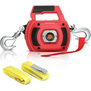 Portable Drill Winch of 1500 LB, Red Handheld Drill Winch with 40 Foot Synthetic Rope, Rotate The Hook 360 Degrees, for Lifting & Dragging（Down Strap with D Rings）