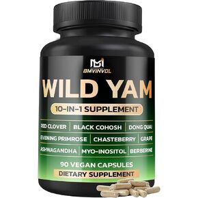 ملحق Bmvinvol Wild Yam | Red Clover ، Black Cohosh ، Primrose ، Berberine ، Myo -Inositol - توازن هرمون للنساء [90 كبسولة]