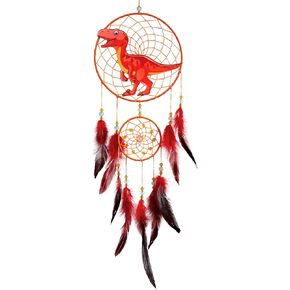 Basumee Dream Catcher for Kids Feather Dream Catchers Handmade Home Decor Wall Hanging with Double Ring for Nursery Bedroom Boys Room, Light Blue Dinosaur