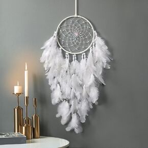 Dremisland White Feathers Dream Catcher Wall Hanging Elegant Wall Art Room Decoration for Windows Balcony Bedroom Wedding Party Gift for Girls and Kids(No Light)