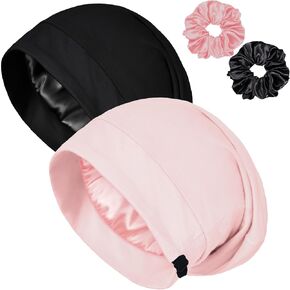 Satin Bonnet for Sleeping Night Cap, Adjustable Satin Lined Silk Bonnets Sleep Cap for Curly Hair Braids Beanie Black Women
