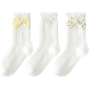 Toddler Girls Bow Socks Ruffle Casual Crew Comfortable Breathable Cute 3 Pairs Socks