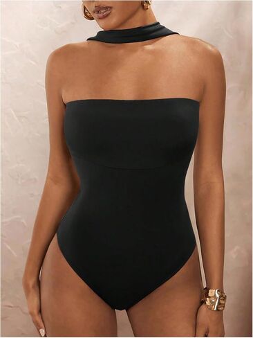 Soly Hux Women's Halter Halter Bodysuit Open Back Body Suits Sexy Party Slim Fit Tops Backless in Kuwait