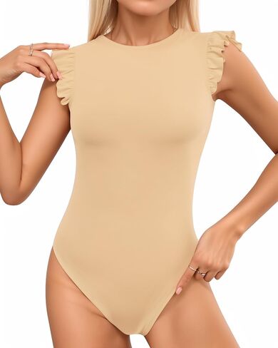 MANGOPOP Women's Body Suits Cute Crew Neck Ruffle Sleeveless Slim Fit Bodysuit Tank Tops Tight Casual Sexy in Saudi Arabia