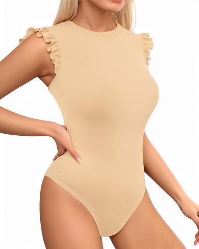 MANGOPOP Women's Body Suits Cute Crew Neck Ruffle Sleeveless Slim Fit Bodysuit Tank Tops Tight Casual Sexy in Saudi Arabia
