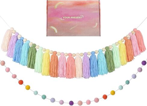 2pcs Boho Tassel Garland,Pom Pom Tassel,6.5 Feet Long 20 Balls Felt Ball Garland,Colorful Wall Hanging Party Decorative Banner Pastel,Home Decoration Wedding Birthday Baby Shower in Kuwait