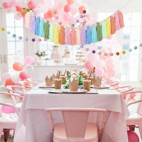 2pcs Boho Tassel Garland,Pom Pom Tassel,6.5 Feet Long 20 Balls Felt Ball Garland,Colorful Wall Hanging Party Decorative Banner Pastel,Home Decoration Wedding Birthday Baby Shower in Kuwait
