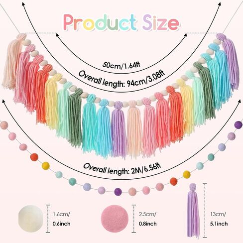 2pcs Boho Tassel Garland,Pom Pom Tassel,6.5 Feet Long 20 Balls Felt Ball Garland,Colorful Wall Hanging Party Decorative Banner Pastel,Home Decoration Wedding Birthday Baby Shower in Kuwait