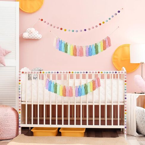 2pcs Boho Tassel Garland,Pom Pom Tassel,6.5 Feet Long 20 Balls Felt Ball Garland,Colorful Wall Hanging Party Decorative Banner Pastel,Home Decoration Wedding Birthday Baby Shower in Kuwait