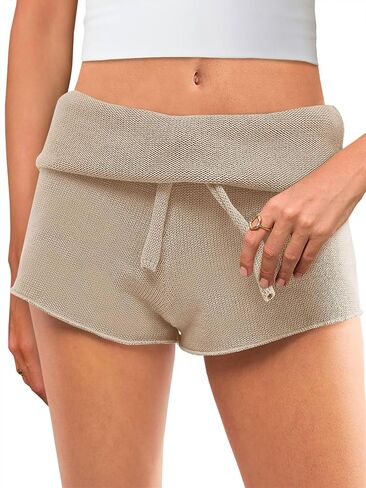 Saodimallsu Womens Foldover Lounge Shorts High Waisted Drawstring Casual Summer Knit Beach Cover Up Shorts in Saudi Arabia