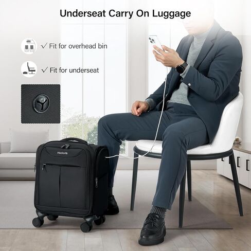 Hanke Underseat Carry On Luggage with Wheels, Lightweight Small Suitcase Airline Approved 16 Inch Softside Personal Item Travel Bag for Women Men, Compact Under Seat Luggage with Spinner Wheels,Black in Saudi Arabia