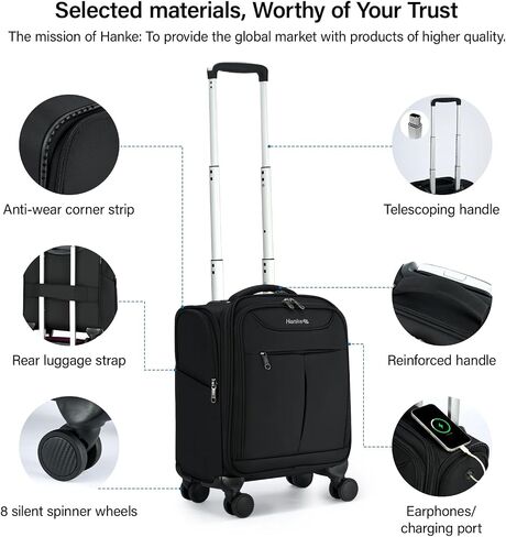 Hanke Underseat Carry On Luggage with Wheels, Lightweight Small Suitcase Airline Approved 16 Inch Softside Personal Item Travel Bag for Women Men, Compact Under Seat Luggage with Spinner Wheels,Black in Saudi Arabia