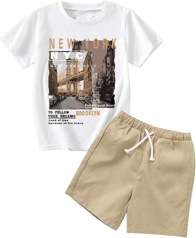 Boy's Tracksuit Set 2 Piece Short Sleeve Graphic Tees and Elastic Waist Cool Shorts in Kuwait