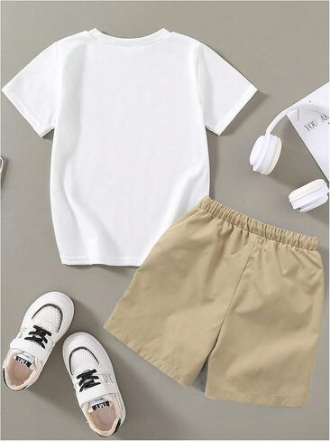 Boy's Tracksuit Set 2 Piece Short Sleeve Graphic Tees and Elastic Waist Cool Shorts in Kuwait