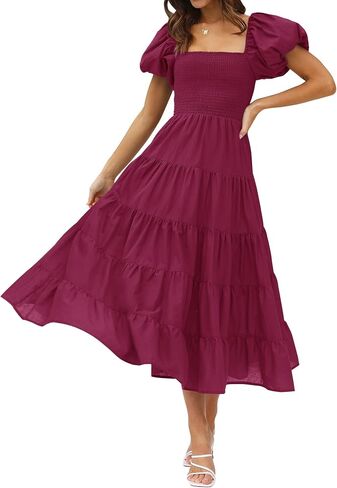 فستان ZESICA نسائي صيفي برقبة مربعة وأكمام قصيرة منتفخة بلون واحد وخصر عالي كاجوال Smocked Flowy A Line متدرج فستان متوسط ​​الطول in Saudi Arabia