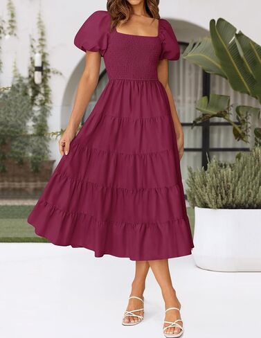 فستان ZESICA نسائي صيفي برقبة مربعة وأكمام قصيرة منتفخة بلون واحد وخصر عالي كاجوال Smocked Flowy A Line متدرج فستان متوسط ​​الطول in Saudi Arabia