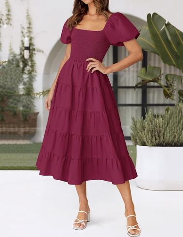 فستان ZESICA نسائي صيفي برقبة مربعة وأكمام قصيرة منتفخة بلون واحد وخصر عالي كاجوال Smocked Flowy A Line متدرج فستان متوسط ​​الطول in Saudi Arabia