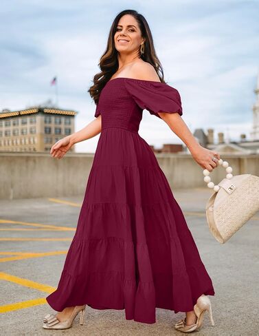 فستان ZESICA نسائي صيفي برقبة مربعة وأكمام قصيرة منتفخة بلون واحد وخصر عالي كاجوال Smocked Flowy A Line متدرج فستان متوسط ​​الطول in Saudi Arabia