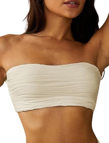ZAFUL Women Textured Bandeau Bikini Top Lace up Strapless Swimsuit Solid Color High Cut Bathing Suits Top Only in Saudi Arabia