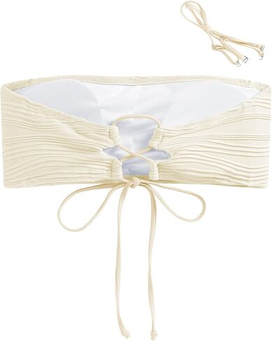 ZAFUL Women Textured Bandeau Bikini Top Lace up Strapless Swimsuit Solid Color High Cut Bathing Suits Top Only in Saudi Arabia