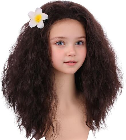 Long Brown Wigs for Kids Girls Dark Brown Curly Wavy Wigs Child Costume Wig with Flower Halloween Wig in Saudi Arabia