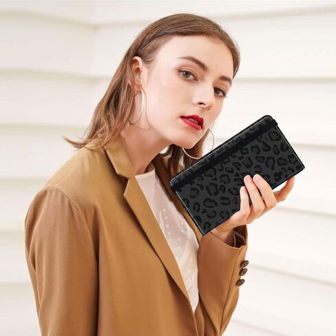 أغلفة دفتر شيكات الجلود PU للنساء ، حامل دفتر الشيكات الشخصية ، محفظة دفتر الشيكات مع حظر RFID ، هدية للرجال نساء ، طباعة الفهد الأسود in Saudi Arabia